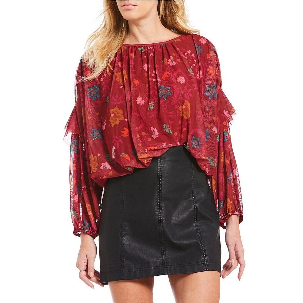 Free People Wildflower Honey Blouse Floral Mesh XS Burgundy Ruffle Sleeve Boho